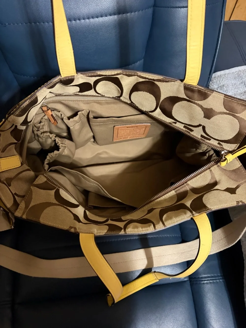Coach Brown Signature Canvas Tote with Yellow Trim